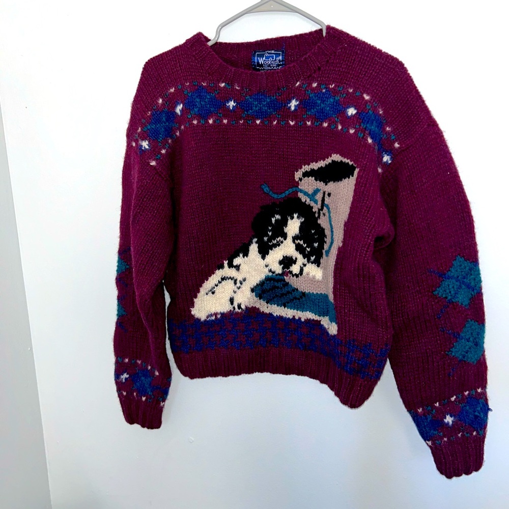 Vtg Woolrich Woman 90’s Chunky Wool knit Puppy Dog On A Boot outdoor Sweater S